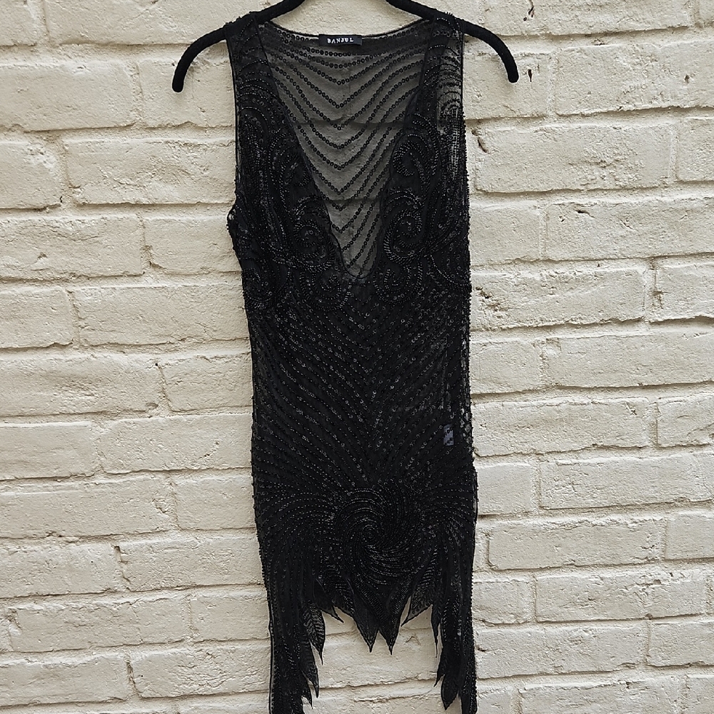 Banjul Black Sheer Beaded Sequin Mini Dress